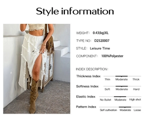Detail chart of white leisure midi skirt showing style info and 100% polyester fabric specs
