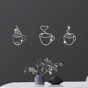 Modern silver acrylic mirror coffee cup wall stickers set for living room decor