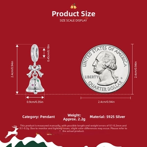 Size chart showing S925 silver Christmas bow bell charm dimensions with a quarter coin