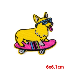 Cartoon corgi embroidery patch with sunglasses on skateboard measuring 6x6.1cm