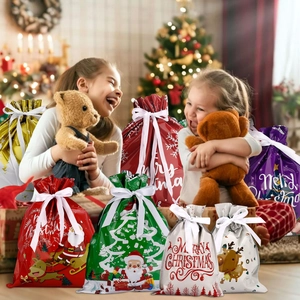 Christmas drawstring gift bags featuring Santa motifs in multiple colors for festive packaging