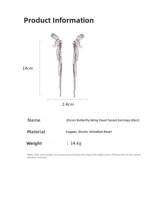 Macro view of long butterfly tassel ear cuffs with zircon and pearls showing dimensions