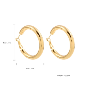 Detail view of 4cm 18K gold plated thick hoop earrings with polished finish and measurements