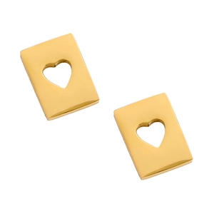 Macro detail of gold-toned rectangular stud earrings with a hollow heart cutout design