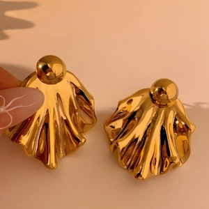 Creative geometric gold shell studs with pleated fan texture and polished metal finish