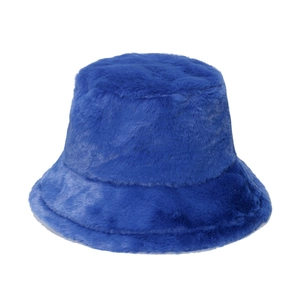 Close-up of royal blue faux fur texture on a warm winter dome bucket hat for women