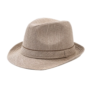 Classic khaki woven Panama sun hat for seniors with dark brown decorative ribbon band