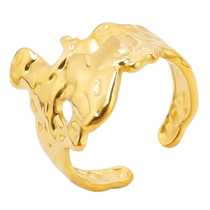 Minimalist irregular lava texture open gold stainless steel ring with fluid art design