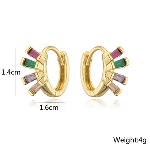 Detail shot of irregular geometric gold hoop earrings with multi-color zircon stones and sizes