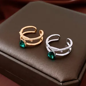 Doppellagiger Cross Open Ring Kupfer 18K Vergoldet Grüner Birnenzirkon Verstellbar Light Luxury Modeschmuck Damen