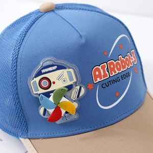 Kids baseball cap with mesh design featuring 3D robot patch and colorful windmill toy