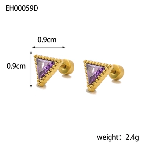 Macro view of geometric gold triangle stud earrings with purple zircon and size specs