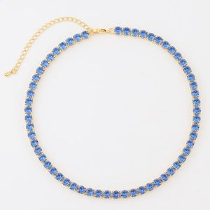 Blue zircon tennis necklace with gold-plated box chain and adjustable lobster clasp