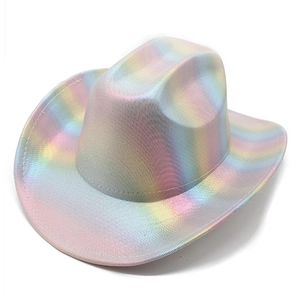 Macro detail of holographic western cowboy hat showing rainbow weave texture and reflective finish