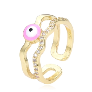 Double-layer gold plated ring with pink evil eye and micro-inlaid zircon stones