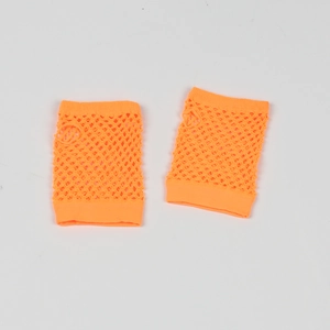Detail of neon orange mesh fingerless gloves with elastic fishnet texture and thumb hole