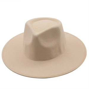 Detailed view of beige wide-brim felt hat with pinched crown and stitched edge