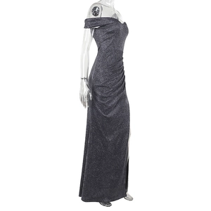 Detail of off-shoulder neckline and shimmering fabric on the high-slit long dress