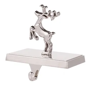 Polished silver metal reindeer stocking holder hook for fireplace mantels and shelves