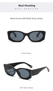 Detailed front and 45-degree side view of black square frame sunglasses with dark grey lenses