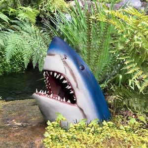 Lifelike resin great white shark head statue for garden pond and outdoor landscape decor