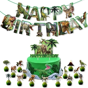 Dinosaur Birthday Party Banner And Cake Toppers Set Jungle Theme Happy Birthday Sign For Boys Kids Party Decorations