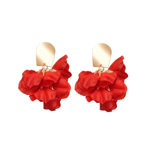 Elegant red fabric flower earrings with gold studs for romantic party and festive style