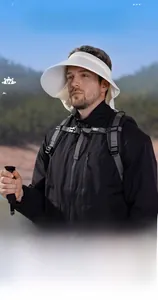 Detail of white sun hat showing 14cm wide brim and UPF50+ neck protection flap