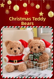 Close-up of two Christmas plush bears wearing festive Santa suits and winter scarves