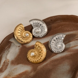 French Nautilus Shell Earrings Stainless Steel Simulated Artificial Pearl Waterproof Hypoallergenic Vintage Ocean Style For Women