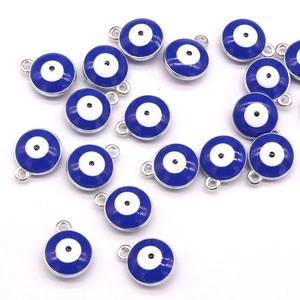 Blue Turkish evil eye glass charms with silver metal frame for DIY jewelry making