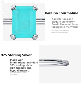 Detail of s925 sterling silver ring featuring emerald-cut Paraiba tourmaline gemstone