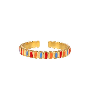 Detail of adjustable gold-plated ring with red, orange, and blue enamel stripes