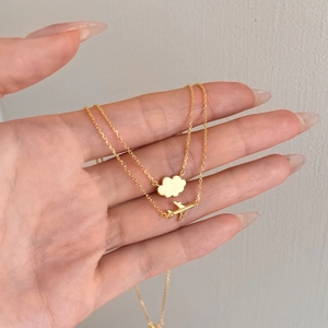 S925 sterling silver gold double-layer necklace with airplane and cloud pendants