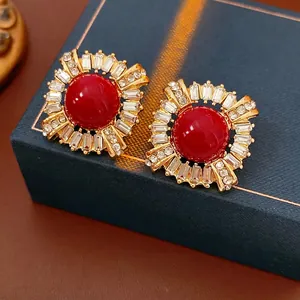 Vintage Round Stud Earrings Red Stone Zircon Halo Alloy With Silver Earring Post Palace Style For Women