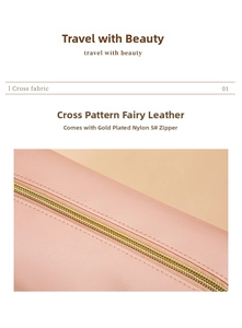 Macro view of cross grain leather texture and premium gold plating nylon zipper detail