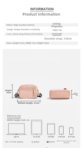 Size chart showing quilted camera bag dimensions and capacity for phone and tablet