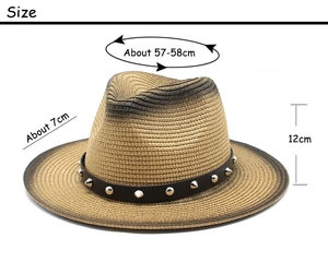Detail view of punk straw fedora with metal studs, showing 57-58cm head circumference size