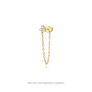 925 Sterling Silver Flower Zirconia Chain Tassel Stud Earrings For Women Gold Plated Elegant Dainty Fashion Jewelry Gift