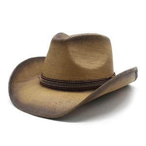 Vintage Western Cowboy Straw Hat With Ethnic Band Painted Gradient Wide Brim Sunshade Beach Hat For Men Women