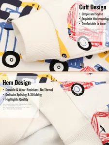 Boys beige long sleeve sweatshirt with colorful construction vehicle prints and ribbed cuffs