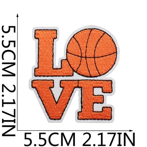 Detail of basketball LOVE embroidery patch with dense stitching and 5.5cm size markings