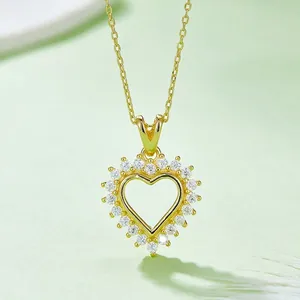 Elegant gold S925 silver heart necklace with pave set moissanite stones and O-chain