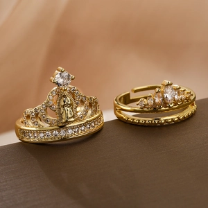 Vintage Crown Open Ring For Women Copper Gold Plated With Zircon Virgin Mary Religious Style Adjustable Jewelry