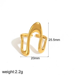 Detail view of wave-shaped 18k gold plated stainless steel ring with size measurements