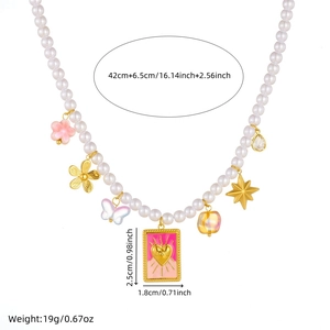 Pink gradient heart charm pearl necklace with gold star and floral pendants for women