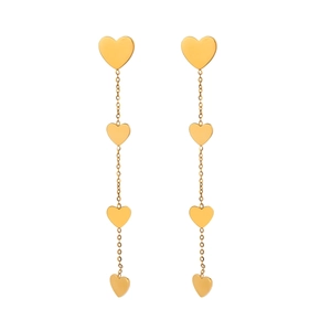 Elegant gold-plated long tassel heart earrings with dangling heart pendants on white background