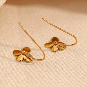 Elegant 18K gold plated stainless steel floral drop earrings with sleek long hooks