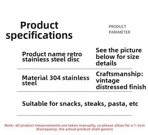 Detailed parameter chart for vintage 304 stainless steel plate showing size and material