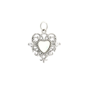 Macro view of silver hollow heart pendant with white zircons and filigree craft